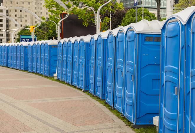 portable restrooms with sink and hand sanitizer stations, available at a festival in Genoa